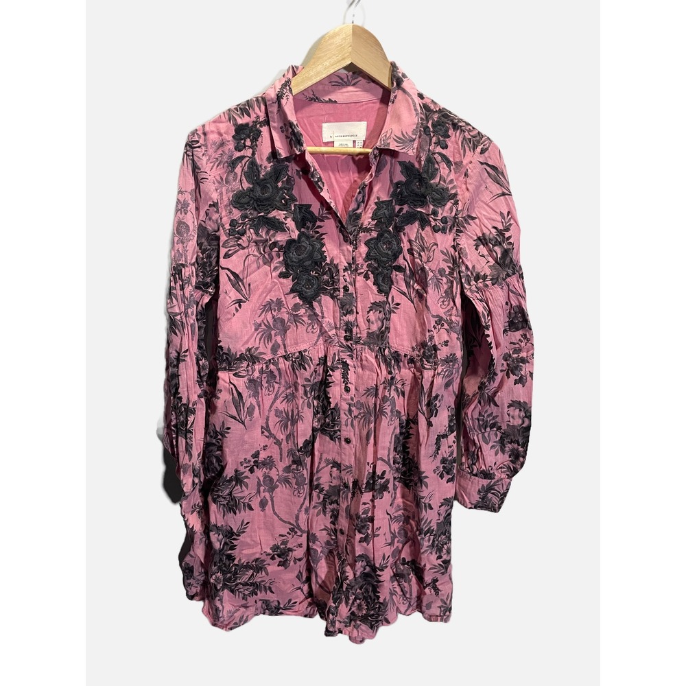 Anthropologie Tunic Dress Womens 2 Pink Floral Lace Applique Boho Button Up Mini